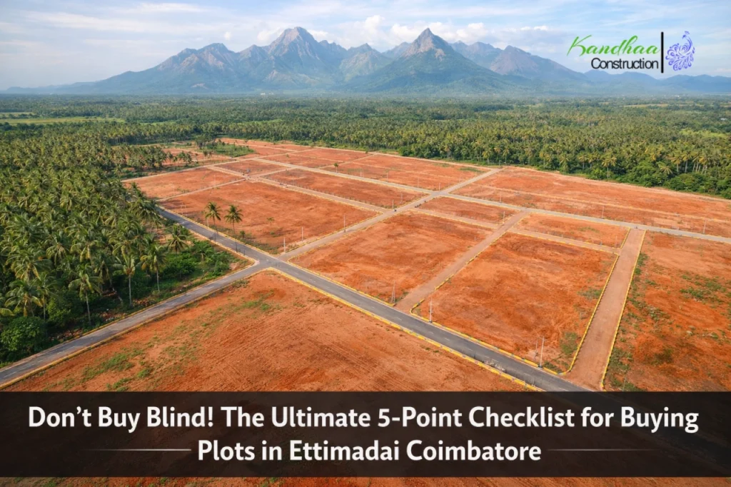 Panoramic site view of Nila Garden, showing red soil, 30ft roads, and Western Ghats view. For buying plots in Ettimadai Coimbatore checklist.