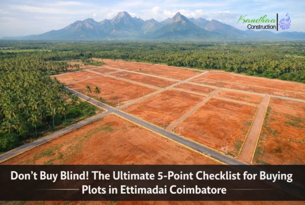 Panoramic site view of Nila Garden, showing red soil, 30ft roads, and Western Ghats view. For buying plots in Ettimadai Coimbatore checklist.