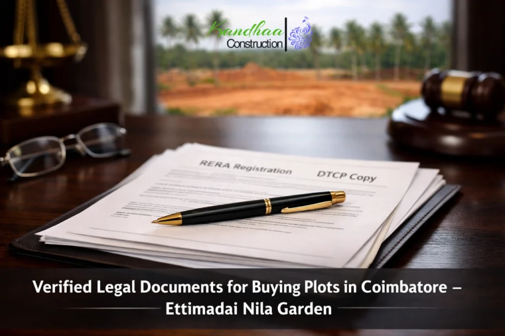 Official pre-verified legal documents for buying plots in Coimbatore, including DTCP and RERA certificates for Nila Garden Ettimadi by Kandhaa Construction.