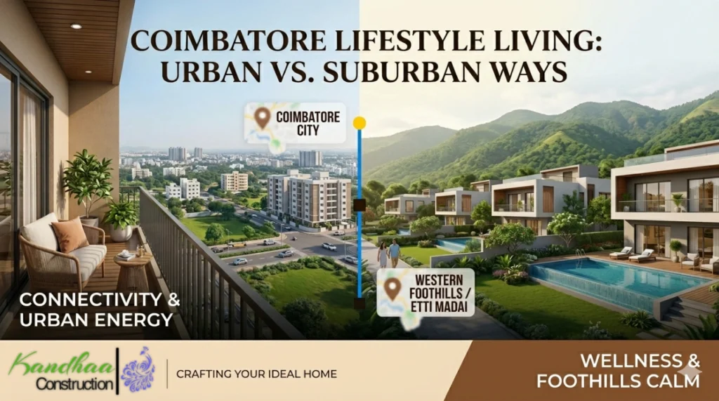 A split-panel featured image for Kandhaa Construction, contrasting a modern apartment balcony view in central Coimbatore with a tranquil gated community villa nestled in the lush western foothills near Ettimadai. The header text reads, "Coimbatore Lifestyle Living: Urban vs Suburban Ways," with labels highlighting connectivity, wellness, and scenic views, illustrating the 'best of both worlds' available in Coimbatore.