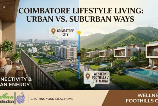 A split-panel featured image for Kandhaa Construction, contrasting a modern apartment balcony view in central Coimbatore with a tranquil gated community villa nestled in the lush western foothills near Ettimadai. The header text reads, "Coimbatore Lifestyle Living: Urban vs Suburban Ways," with labels highlighting connectivity, wellness, and scenic views, illustrating the 'best of both worlds' available in Coimbatore.