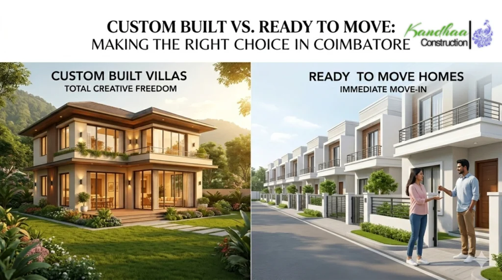 A split-screen comparison image for a real estate blog titled "Custom Built vs. Ready to Move: Making the Right Choice in Coimbatore." The left side shows a unique, custom-designed luxury villa with warm lighting and lush landscaping in the Western Foothills. The right side shows a row of identical, modern ready-to-move township homes with a couple receiving keys, highlighting the difference between total creative freedom and immediate move-in convenience.