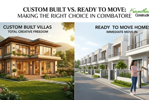 A split-screen comparison image for a real estate blog titled "Custom Built vs. Ready to Move: Making the Right Choice in Coimbatore." The left side shows a unique, custom-designed luxury villa with warm lighting and lush landscaping in the Western Foothills. The right side shows a row of identical, modern ready-to-move township homes with a couple receiving keys, highlighting the difference between total creative freedom and immediate move-in convenience.