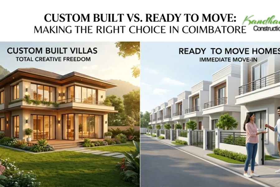 A split-screen comparison image for a real estate blog titled "Custom Built vs. Ready to Move: Making the Right Choice in Coimbatore." The left side shows a unique, custom-designed luxury villa with warm lighting and lush landscaping in the Western Foothills. The right side shows a row of identical, modern ready-to-move township homes with a couple receiving keys, highlighting the difference between total creative freedom and immediate move-in convenience.