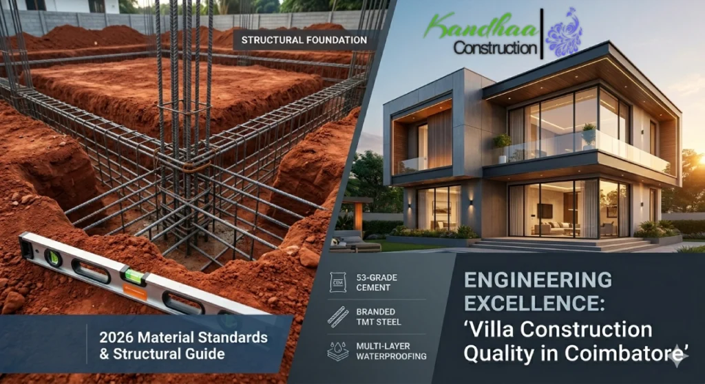 Premium villa construction quality in Coimbatore – Engineering standards, material specifications, and red soil foundation guide for investors.