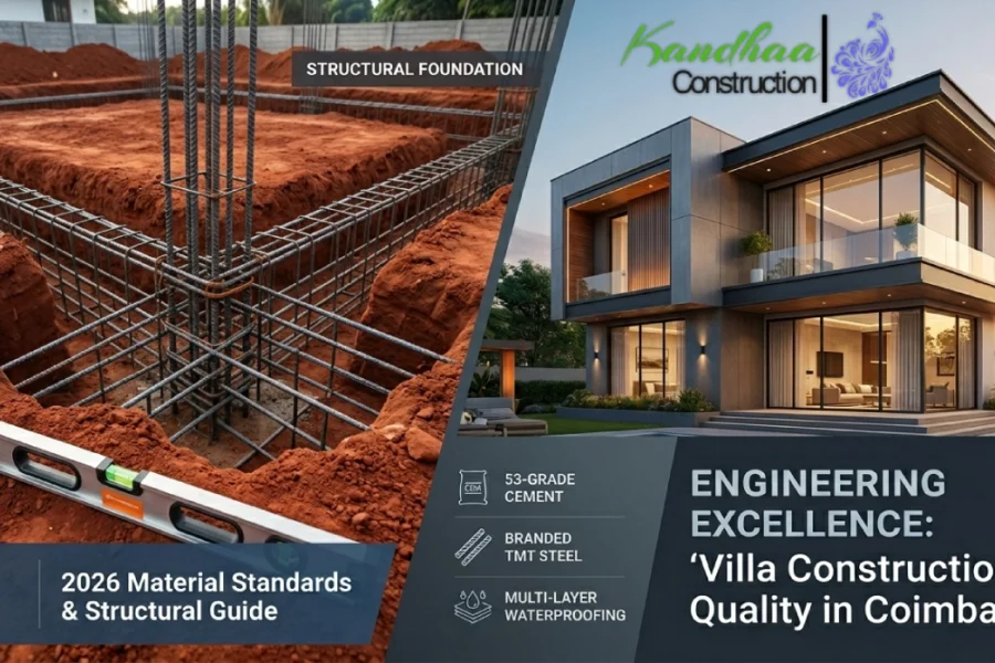 Premium villa construction quality in Coimbatore – Engineering standards, material specifications, and red soil foundation guide for investors.