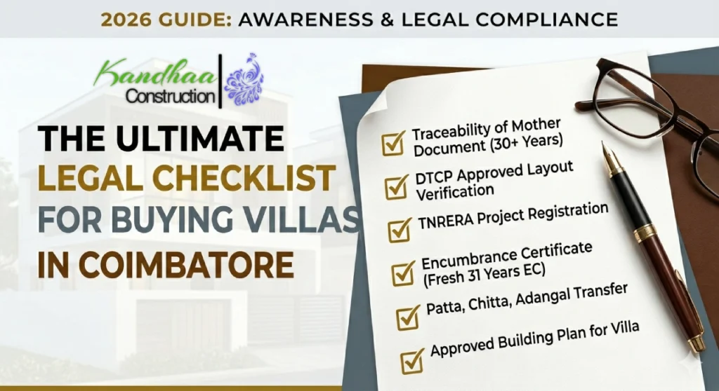 The ultimate legal checklist for buying villas in Coimbatore 2026 - DTCP, RERA, and Mother Document verification guide.
